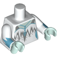 Visuel indicatif Rebrickable de Torse, robe avec des points d'argent, collier et motif imprimé vert d’eau col clair (reine glaciaire), bras blancs avec motif imprimé poignets dentelés d'azur foncé, mains vert d’eau légères (Torso, Dress with Silver Points, Necklace, and Light Aqua Neck Print (Ice Queen), White Arms with Dark Azure Jagged Cuffs Print, Light Aqua Hands)