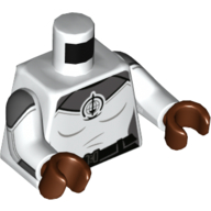 Visuel indicatif Rebrickable de Torse avec combinaison moulante, logo de l'épée, panneaux gris bleuté foncé, motif : ceinture noire, bras blancs avec motif imprimé épaules gris bleuté foncé, mains brun rougeâtre (Torso Bodysuit, SWORD Logo, Dark Bluish Gray Panels, Black Belt Print, White Arms with Dark Bluish Gray Shoulders Print, Reddish Brown Hands)