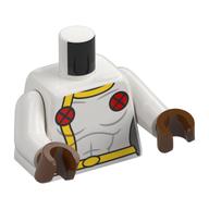 Combinaison torse, ceinture jaune, cercles rouges avec motif imprimé noir X, bras blancs, mains brun rougeâtre (Torso Jumpsuit, Yellow Belt, Red Circles with Black X Print, White Arms, Reddish Brown Hands)