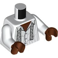 Torse, chemise rayée partiellement déboutonnée, motif imprimé cravate argent, bras blancs, mains brun rougeâtre (Torso, Partly Unbuttoned Striped Shirt, Silver Undone Tie Print, White Arms, Reddish Brown Hands)