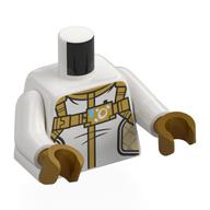 Torse, veste, rayures dorées, sangles, côtés feu motif imprimé, bras blancs, mains or nacré (Torso, Jacket, Gold Stripes, Straps, Tan Sides Print, White Arms, Pearl Gold Hands)