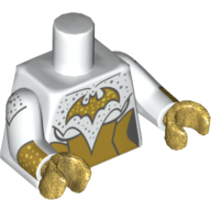 Armure de torse, panneaux d'or, or Batgirl logo motif imprimé, bras blancs avec manchettes en or motif imprimé, mains or nacré (Torso Armor, Gold Panels, Gold Batgirl Logo Print, White Arms with Gold Cuffs Print, Pearl Gold Hands)