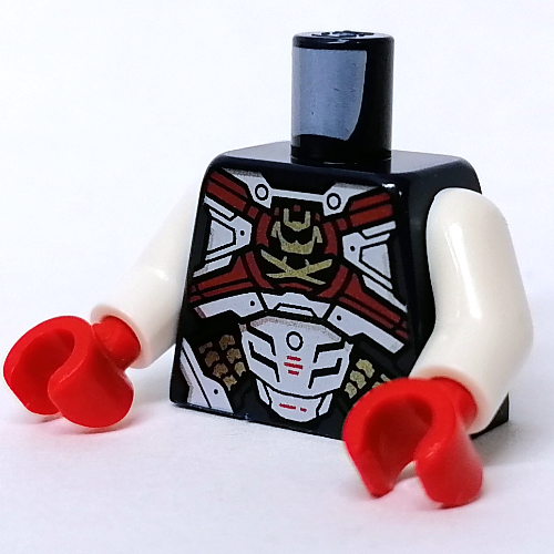 Armure de torse avec panneaux blancs et rouges, motif imprimé symbole or, bras blancs, mains rouges (Torso Armor with White and Red Panels, Gold Symbol Print, White Arms, Red Hands)