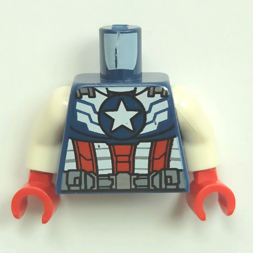 Visuel indicatif Rebrickable de Torse, rouge/blanc/bleu capitaine armure amérique, étoiles blanches, argent utilitaire ceinture motif imprimé, bras blancs, mains rouges (Torso, Red/White/Blue Captain America Armor, White Stars, Silver Utility Belt Print, White Arms, Red Hands)