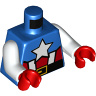 Visuel indicatif Rebrickable de Torse Rayures rouges et blanches, ceinture noire, Motif imprimé étoile blanche et boucle dorée, bras blancs, mains rouges (Torso Red and White Stripes, Black Belt, White Star and Gold Buckle Print, White Arms, Red Hands)