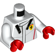 Visuel indicatif Rebrickable de Costume de course torse avec logo Ferrari et 'FXXK' sur le dos motif imprimé, bras blancs, mains rouges (Torso Race Suit with Ferrari Logo and 'FXXK' on Back Print, White Arms, Red Hands)