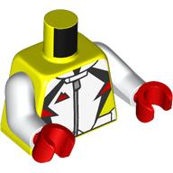 Visuel indicatif Rebrickable de Torse, costume de course blanc, décorations noires, logo des montagnes rouges, motif imprimé à glissière, bras blancs, mains rouges (Torso, White Racing Suit, Black Decorations, Red Mountains Logo, Zipper Print, White Arms, Red Hands)