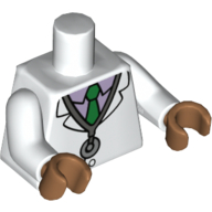 Visuel indicatif Rebrickable de Torse avec veste, cravate verte, chemise lavande, motif imprimé stéthoscope, bras blancs, mains nougat moyen (Torso Jacket, Green Tie, Lavender Shirt, Stethoscope Print, White Arms, Medium Nougat Hands)