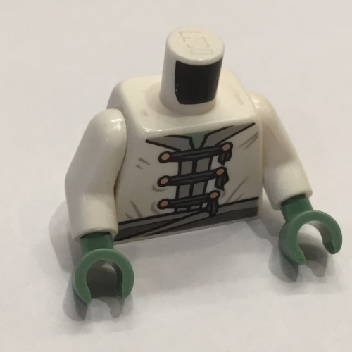 Visuel indicatif Rebrickable de Torse, tunique, garniture et ceinture gris bleuté clair, cravates gris bleuté foncé, boutons dorés / symbole dragon sur le dos motif imprimé, bras blancs, bras vert sable (Torso, Tunic, Light Bluish Gray Trim and Belt, Dark Bluish Gray Ties, Gold Buttons / Dragon Symbol on Back Print, White Arms, Sand Green Arms)