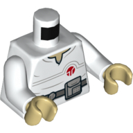 Torse, tunique, avec cercle rouge, col beige, ceinture gris bleuté foncé avec motif imprimé périphérique, bras blancs, mains beiges (Torso, Tunic, with Red Circle, Tan Neck, Dark Bluish Gray Belt with Device Print, White Arms, Tan Hands)