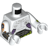 Torse, combinaison spatiale, panneaux gris bleuté foncé, motif imprimé ceinture utilitaire vert citron, (Buzz Lightyear) bras et mains blancs avec bande de vert citron sur le gauche et dispositif gris bleuté foncé sur le motif imprimé droit (Torso, Spacesuit, Dark Bluish Gray Panels, Lime Utility Belt Print, (Buzz Lightyear) White Arms and Hands with Lime Stripe on Left and Dark Bluish Gray Device on Right Print)