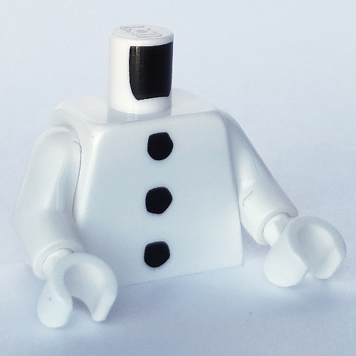 Visuel indicatif Rebrickable de Torse, 3 charbons noirs imprimé (snowman), bras et mains blancs (Torso, 3 Black Coals Print (Snowman), White Arms and Hands)