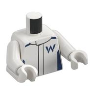 Visuel indicatif Rebrickable de Torse, costume de course, Marquages bleu foncé, motif : inscription 'W', bras et mains blancs (Torso, Racing Suit, Dark Blue Markings, 'W' Print, White Arms and Hands)