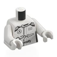 Torse, costume de course, logo Mercedes, inscription 'intensify', motif : inscription 'APXGP', bras et mains blancs (Torso, Race Suit, Mercedes Logo, 'intensify', 'APXGP' Print, White Arms and Hands)