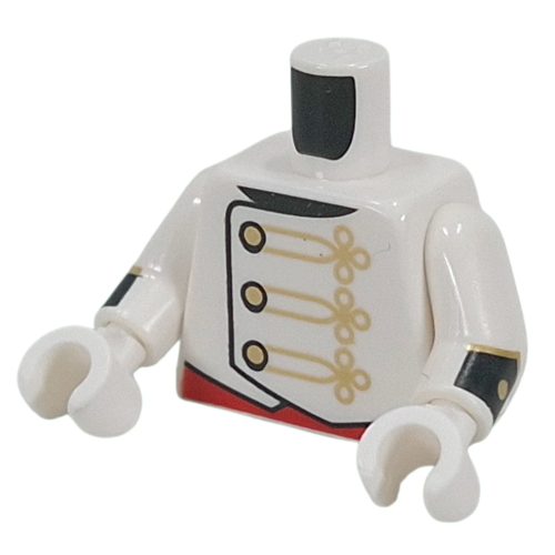 Visuel indicatif Rebrickable de Torse, uniforme de fanfare, boutons dorés, chaînes, poignets noirs imprimés, bras et mains blancs (Torso, Marching Band Uniform, Gold Buttons, Chains, Black Cuffs Print, White Arms and Hands)