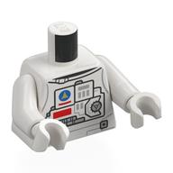 Torse, astronaute combinaison spatiale, noir / noir contrôles gris bleuté, navette spatiale d'or en cercle bleu, formes rouges motif imprimé, bras et mains blancs (Torso, Astronaut Space Suit, Black/Dark Bluish Grey Controls, Gold Space Shuttle in Blue Circle, Red Shapes Print, White Arms and Hands)
