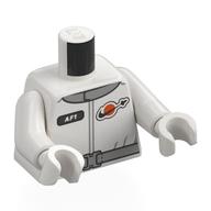 Visuel indicatif Rebrickable de Torse, costume de l'espace, logo de l'espace classique, étiquette noire, motif : ceinture gris bleuté clair, bras et mains blancs (Torso, Space Suit, Classic Space Logo, Black Tag, Light Bluish Grey Belt Print, White Arms and Hands)