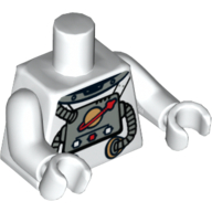 Visuel indicatif Rebrickable de Torse, combinaison spatiale avec logo de l'espace et des tubes motif imprimé, bras et mains blancs (Torso, Spacesuit with Space Logo and Tubes Print, White Arms and Hands)