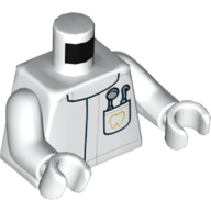 Visuel indicatif Rebrickable de Torse, Manteau de laboratoire avec poche avec miroir dentiste et Pick et motif imprimé de dents or, bras et mains blancs (Torso, Lab Coat with Pocket with Dentist Mirror and Pick and Gold Tooth Print, White Arms and Hands)