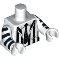 Visuel indicatif Rebrickable de Torse, veste costume avec rayures verticales noires et motif imprimé cravate noire (Beetlejuice), motif : bras et mains blancs avec rayures noires (Torso, Suit Jacket with Black Vertical Stripes and Black Tie Print (Beetlejuice), White Arms and Hands with Black Stripes Print)