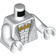 Visuel indicatif Rebrickable de Torse, smoking disco, logo Batman or sur chemise motif imprimé, bras et mains blancs (Torso, Disco Tuxedo, Gold Batman Logo on Shirt Print, White Arms and Hands)