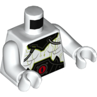 Visuel indicatif Rebrickable de Torse, poitrine nue, collier noir et ceinture avec tubes et cercle rouge (œil) motif imprimé, bras et mains blancs (Torso, Bare Chest, Black Collar and Belt with Tubes and Red Circle (Eye) Print, White Arms and Hands)