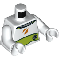 Visuel indicatif Rebrickable de Torse, combinaison spatiale avec emblème orange et motif imprimé panneau de vert citron, bras et mains blancs (Torso, Space Suit with Orange Emblem and Lime Panel Print, White Arms and Hands)