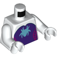 Torse, corps, panneau violet foncé avec sangle magenta et logo araignée azur foncé motif imprimé, bras et mains blancs (Torso, Bodysuit, Dark Purple Panel with Magenta Webbing and Dark Azure Spider Logo Print, White Arms and Hands)
