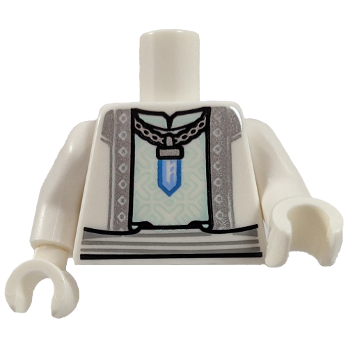 Torse, robe, collier avec pendentif en cristal, motif imprimé bord gris bleuté clair, bras et mains blancs (Torso, Robe, Necklace with Crystal Pendant, Light Bluish Gray Trim Print, White Arms and Hands)