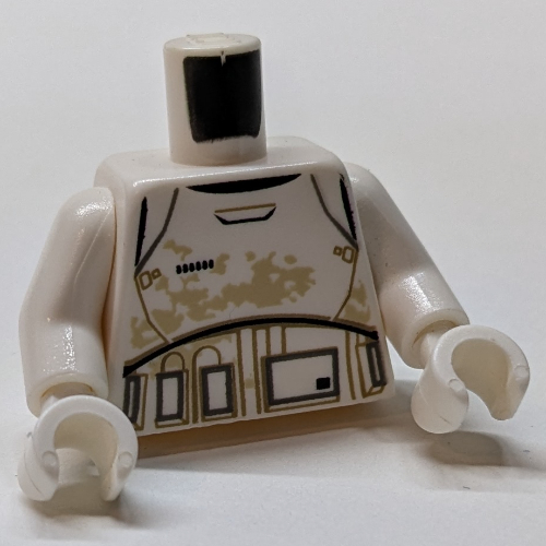 Visuel indicatif Rebrickable de Torse, armure, lignes de beige noir, gris et foncé et taches de saleté beige motif imprimé, bras et mains blancs (Torso, Armor, Black, Gray and Dark Tan Lines and Tan Dirt Stains Print, White Arms and Hands)