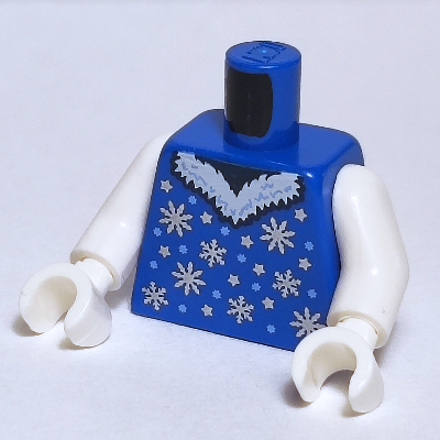 Visuel indicatif Rebrickable de Torse, veste, garniture en fourrure blanche, motif imprimé flocons de neige blanc et argent, bras et mains blancs (Torso, Jacket, White Fur Trim, White and Silver Snowflakes Print, White Arms and Hands)