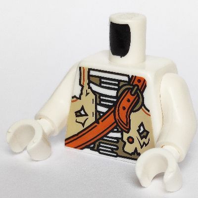 Visuel indicatif Rebrickable de Torse, gilet beige, Ceinture croisée orange foncé, motif : Squelette, bras blancs, mains blanches (Torso, Tan Vest, Dark Orange Crossbelt, Skeleton Print, White Arms, White Hands)