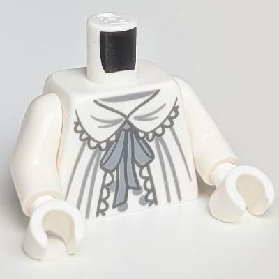 Visuel indicatif Rebrickable de Torse, robe, noeud papillon gris foncé, motif imprimé dentelle noire, bras et mains blancs (Torso, Dress, Dark Bluish Gray Bowtie, Black Lace Trim Print, White Arms and Hands)