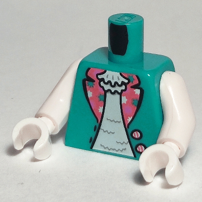 Visuel indicatif Rebrickable de Torse, veste, ouvert sur une chemise vert d’eau légère avec de grands revers en pointillés rose foncé motif imprimé, bras blancs, mains blanches (Torso, Jacket, Open over Light Aqua Shirt with Large Dark Pink Dotted Lapels Print, White Arms, White Hands)