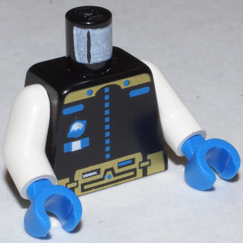 Visuel indicatif Rebrickable de Combinaison spatiale torse, motif imprimé or planète de glace, bras blancs, mains bleues (Torso Space Suit, Ice Planet Gold Print, White Arms, Blue Hands)
