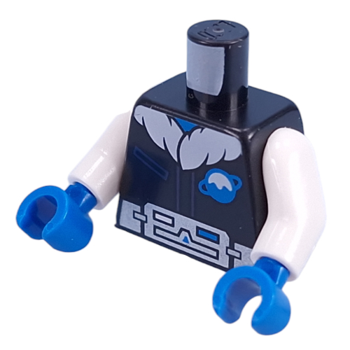 Costume d'espace de torse, couleur de fourrure blanche, logo de planète de glace, motif imprimé de ceinture argentée, bras blancs, mains bleues (Torso Space Suit, White Fur Color, Ice Planet Logo, Silver Belt Print, White Arms, Blue Hands)