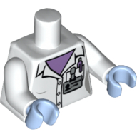 Manteau de laboratoire torse avec chemise et stylo lavande moyen, boutons et 'PROFESSOR C BODIN' Badge motif imprimé, bras blancs, mains bleu clair vif (Torso Lab Coat with Medium Lavender Shirt and Pen, Buttons and 'PROFESSOR C BODIN' Badge Print, White Arms, Bright Light Blue Hands)