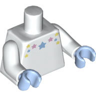 Visuel indicatif Rebrickable de Torse rose vif, jaune clair vif et étoiles bleu clair vif motif imprimé, bras blancs, mains bleu clair vif (Torso Bright Pink, Bright Light Yellow and Bright Light Blue Stars Print, White Arms, Bright Light Blue Hands)