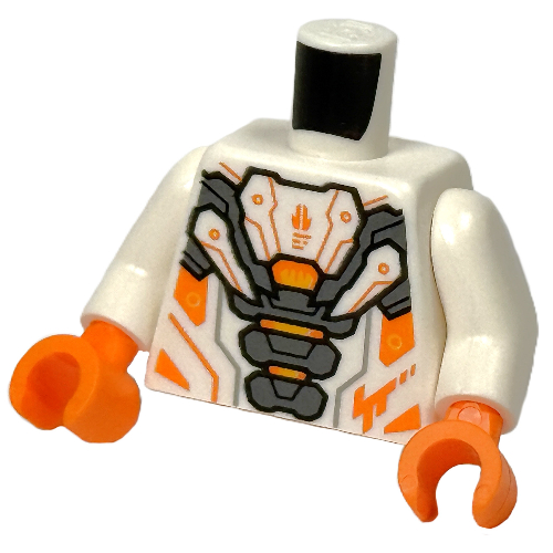 Torse, armure, panneaux argentés, orange Marquages motif imprimé, bras blancs, mains orange (Torso, Armor, Silver Panels, Orange Markings Print, White Arms, Orange Hands)