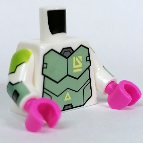 Torse, armure vert sable, motif imprimé épaules vert citron, bras blancs, mains rose foncé (Torso, Sand Green Armor, Lime Shoulders Print, White Arms, Dark Pink Hands)