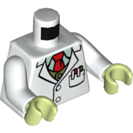 Torse, manteau de laboratoire, cravate rouge, stylos en poche imprimé, bras blancs, mains vert jaunâtre (Torso, Lab-Coat, Red Tie, Pens in Pocket Print, White Arms, Yellowish Green Hands)