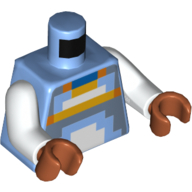 Visuel indicatif Rebrickable de Torse, pixélisé jaune / bleu / blanc chemise motif imprimé, bras blancs, mains orange foncé (Torso, Pixelated Yellow / Blue / White Shirt Print, White Arms, Dark Orange Hands)