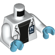 Visuel indicatif Rebrickable de Manteau de laboratoire torse, pull noir, insigne d'identité imprimé, bras blancs, mains azur moyen (Torso Lab Coat, Black Sweater, ID Badge Print, White Arms, Medium Azure Hands)
