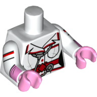 Veste torse avec bordure rouge et ceinture, stéthoscope et poche motif imprimé, bras blancs avec rayures et poignets en gant rose, mains rose vif (Torso Jacket with Red Trim and Belt, Stethoscope and Pockets Print, White Arms with Stripes and Pink Glove Cuffs, Bright Pink Hands)