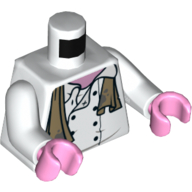 Torse veste de chef, sale écharpe beige foncé motif imprimé, bras blancs, mains rose vif (Torso Chef Jacket, Dirty Dark Tan Scarf Print, White Arms, Bright Pink Hands)