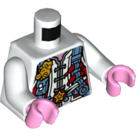 Visuel indicatif Rebrickable de Tunique torse avec harnais utilitaire bleu moyen avec hot dogs, baguettes et motif imprimé insigne de cochon d'or, bras blancs, mains rose vif (Torso Tunic with Medium Blue Utility Harness with Hot Dogs, Chopsticks, and Gold Pig Badge Print, White Arms, Bright Pink Hands)