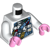 Tunique torse, harnais utilitaire bleu clair vif avec piments, ail, salière et boucle de cochon d'or motif imprimé, bras blancs, mains rose vif (Torso Tunic, Bright Light Blue Utility Harness with Chili Peppers, Garlic, Salt Shakers, and Gold Pig Buckle Print, White Arms, Bright Pink Hands)
