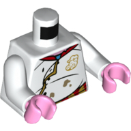 Torse veste chef, sales, or garniture, tête de porc logo motif imprimé, bras blancs, mains rose vif (Torso Chef Jacket, Dirty, Gold Trim, Pig Head Logo Print, White Arms, Bright Pink Hands)