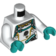 Torse, combinaison spatiale, garniture turquoise foncé, tuyau gris bleuté foncé et motif imprimé évent, bras blancs, mains turquoise foncé (Torso, Spacesuit, Dark Turquoise Trim, Dark Bluish Gray Hose and Vent Print, White Arms, Dark Turquoise Hands)