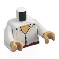 Visuel indicatif Rebrickable de Torse, chemise blanche, plis beige, ceinture rouge foncé, motif imprimé poitrine beige chaude, bras blancs, mains beige chaud (Torso, White Shirt, Tan Creases, Dark Red Belt, Warm Tan Chest Print, White Arms, Warm Tan Hands)